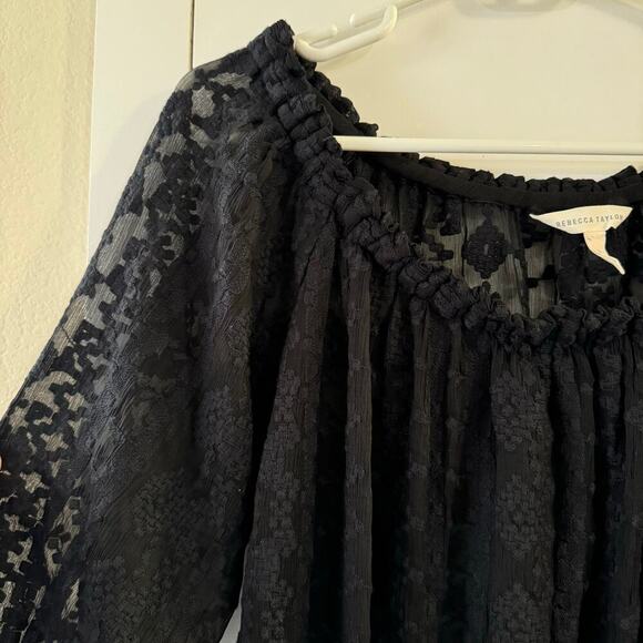 Rebecca Taylor Womens Embroidered Black Silk Lace Sheer Off The Shoulder Blouse - Picture 5 of 10
